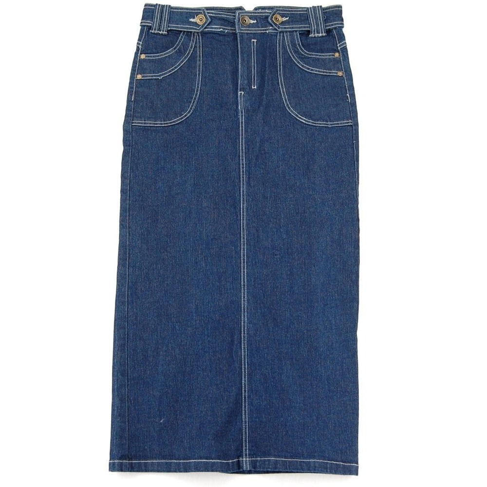 NoFuze‎ Skirt Womens 7/8 Blue Denim Long Jean High Waist Pockets Slit Midi